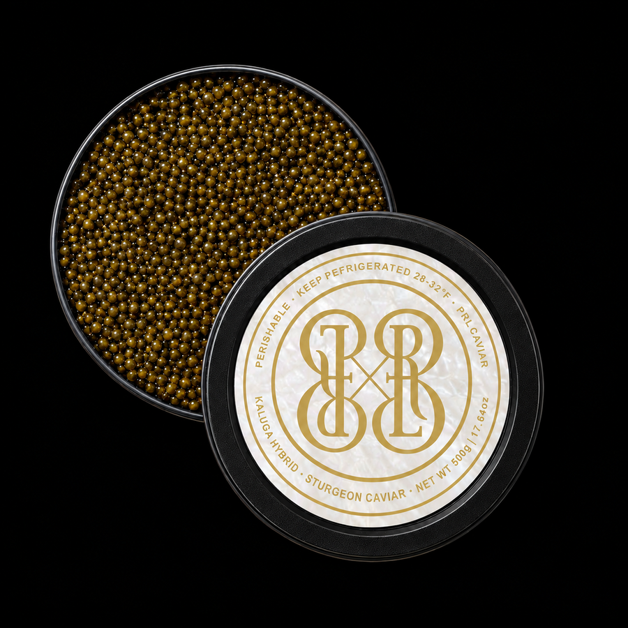 Round black containers of Sturgeon Caviar on a solid black background. One container is open, showing a dense layer of small, shiny gold caviar beads.