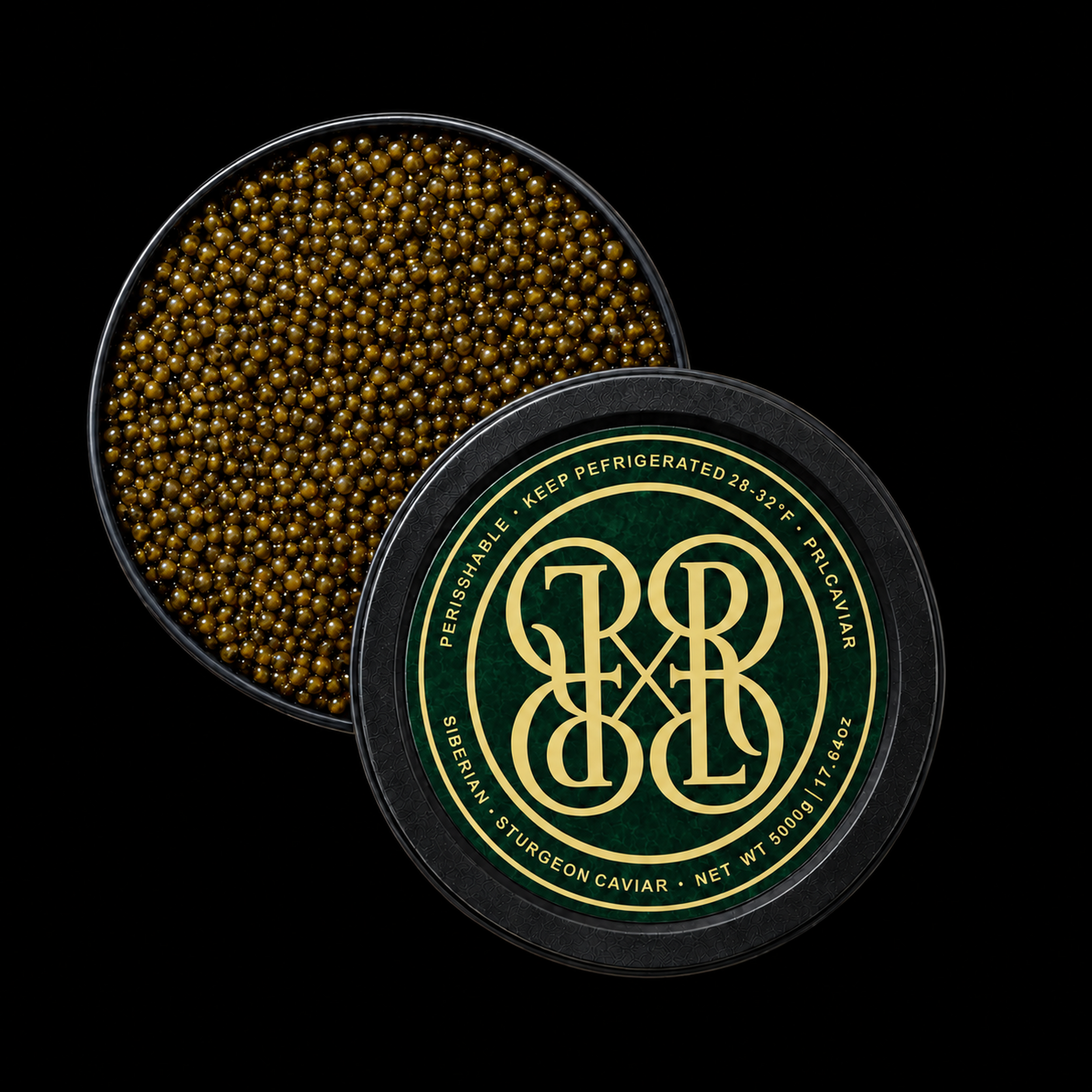 Round black caviar tins on a black background. One tin is open, showing golden-brown sturgeon caviar beads.