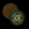 Round black caviar tins on a black background. One tin is open, showing golden-brown sturgeon caviar beads.