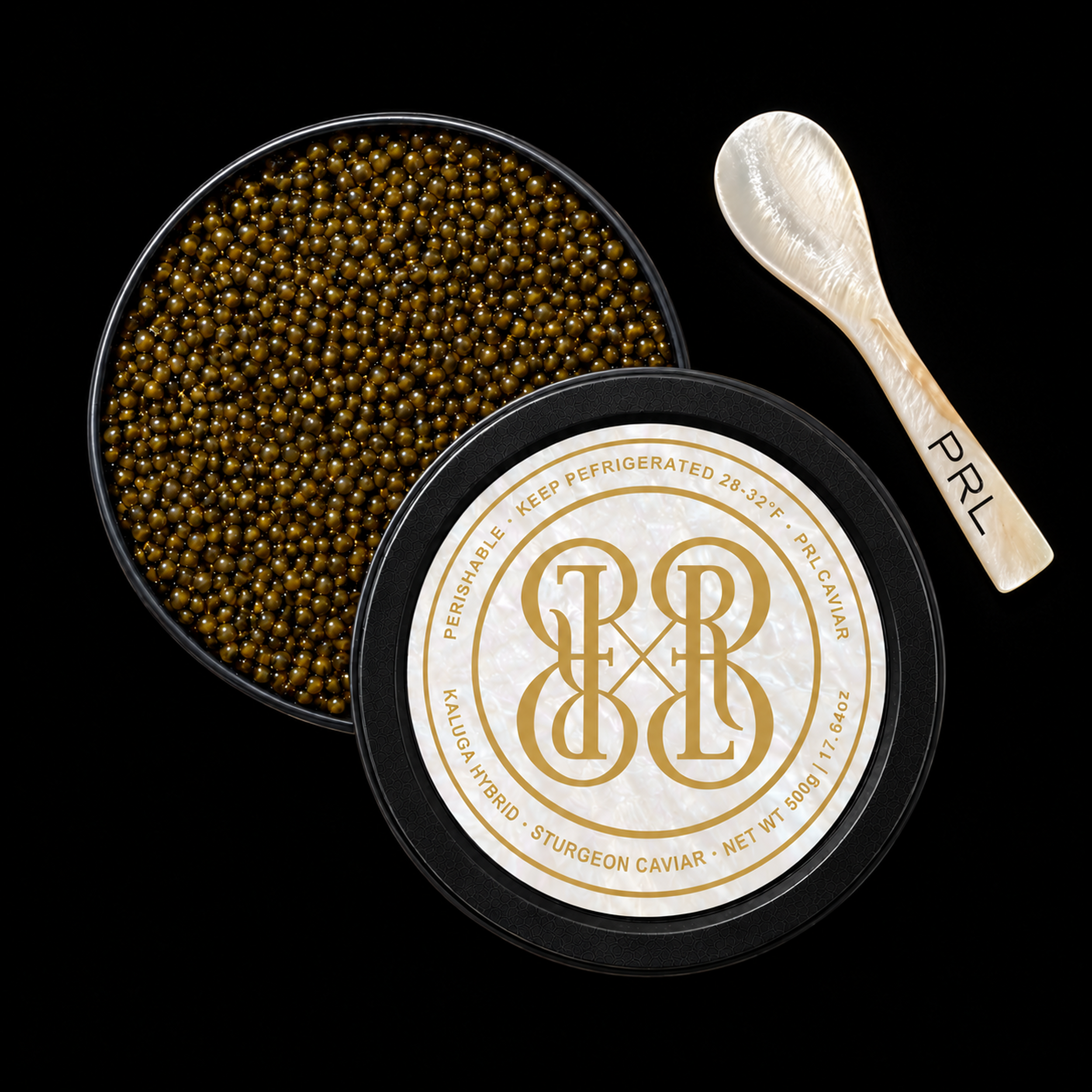 Open round black tin of PRL Caviar brand sturgeon caviar on a black background, showing dark brown caviar pearls, a cream-and-gold branded lid, and a small wooden spoon with PRL branding.
