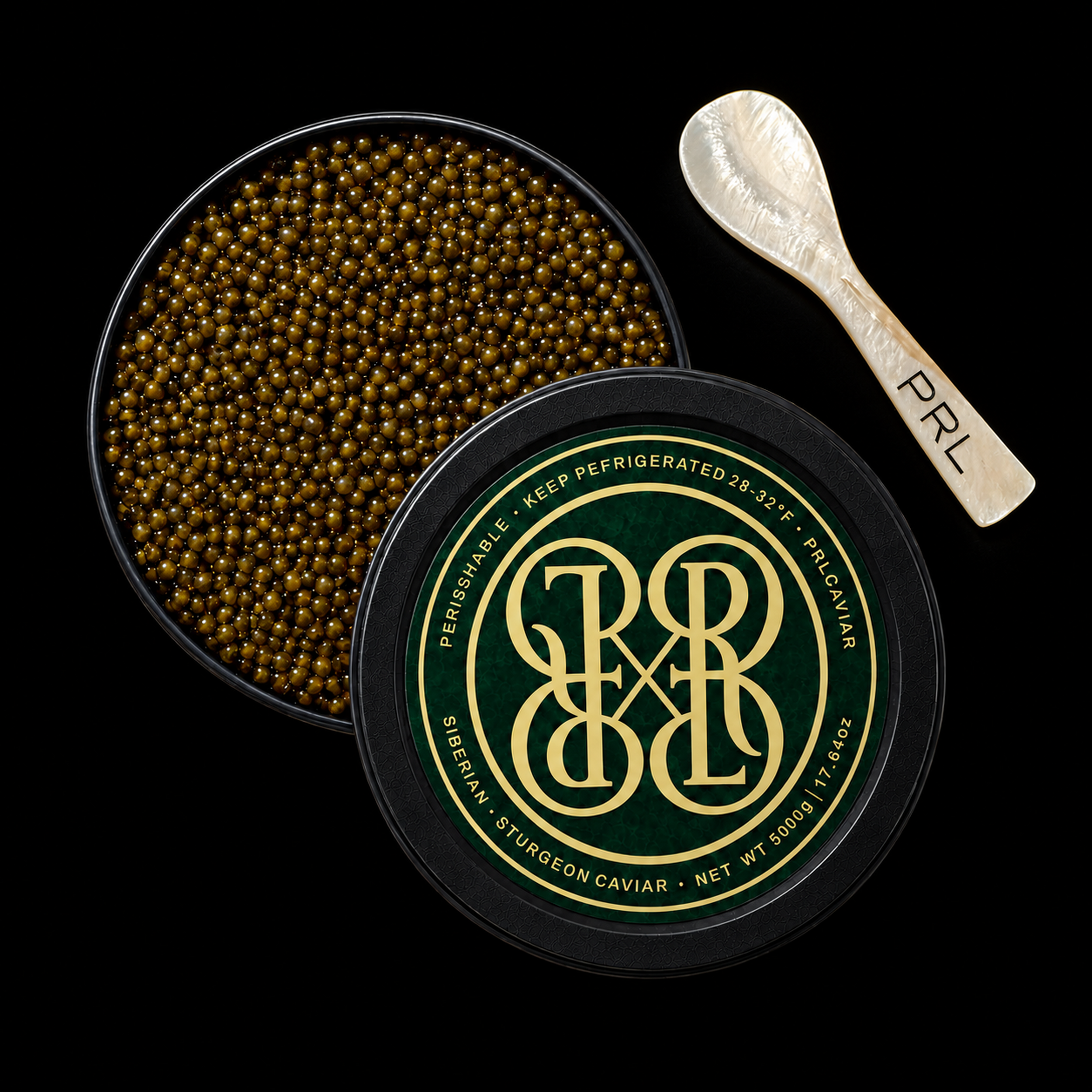 A round black tin of PRL Sturgeon Caviar shown open with the lid placed beside it, revealing small dark caviar roe. A light wood spoon branded PRL rests on the right against a solid black background.