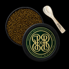 A round black tin of PRL Sturgeon Caviar shown open with the lid placed beside it, revealing small dark caviar roe. A light wood spoon branded PRL rests on the right against a solid black background.