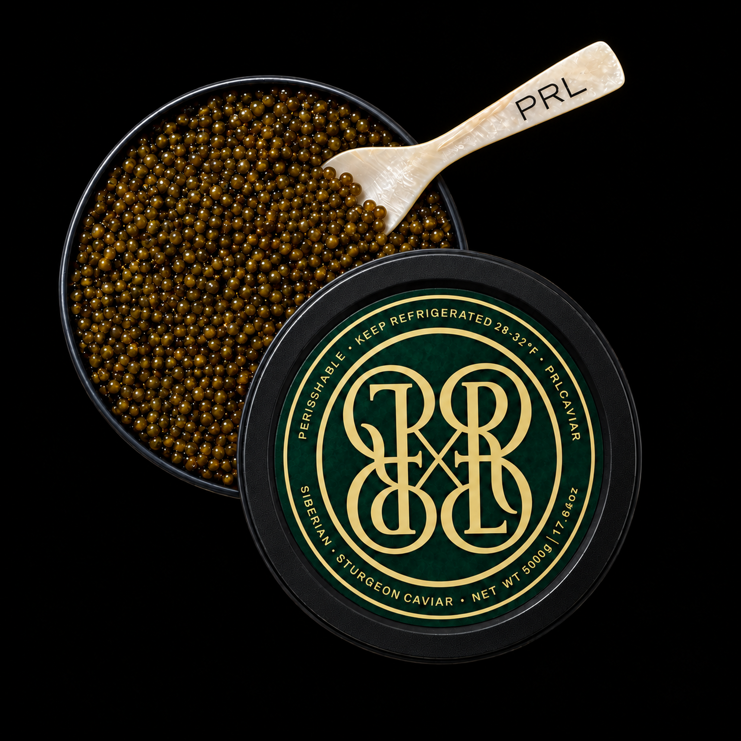 Open round black caviar tin showing dark gold caviar pearls, with a small wooden spoon marked PRL and the branded lid in front on a black background.