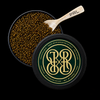 Open round black caviar tin showing dark gold caviar pearls, with a small wooden spoon marked PRL and the branded lid in front on a black background.